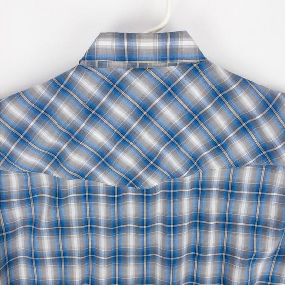 Plains Western Shirt Men's Large Short Sleeve Pearl Snaps Plaid White Blue - Picture 8 of 9